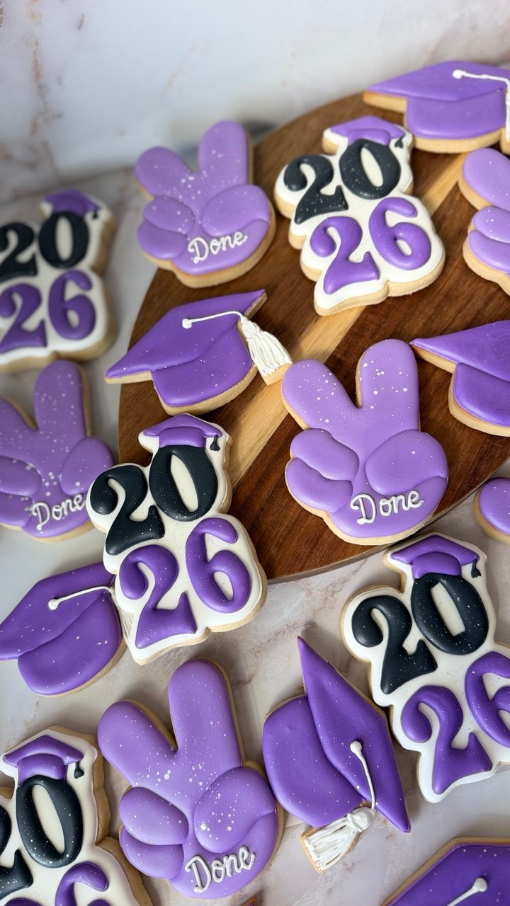 Purple graduation cookies with simple coordinated shapes