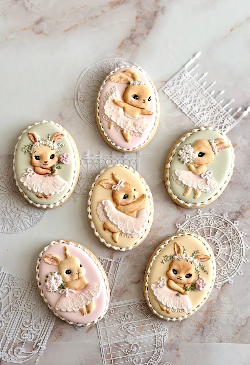 Pastel bunny ballerina cookies decorated by hand
