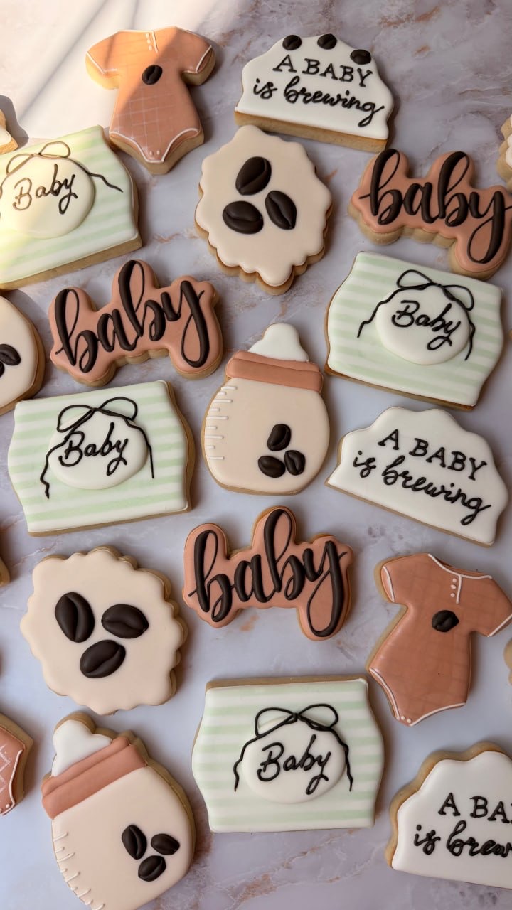 Coffee themed neutral baby shower cookies