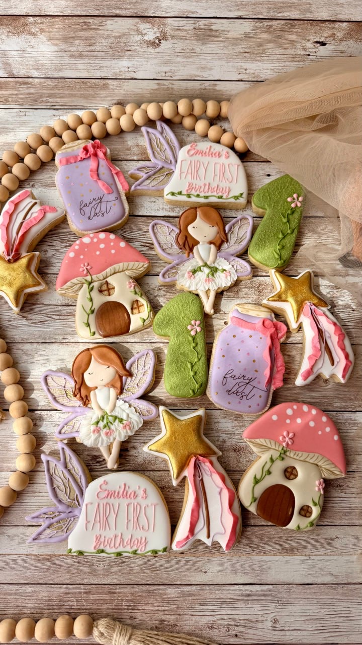 Fairy and mushroom cookies for a first birthday