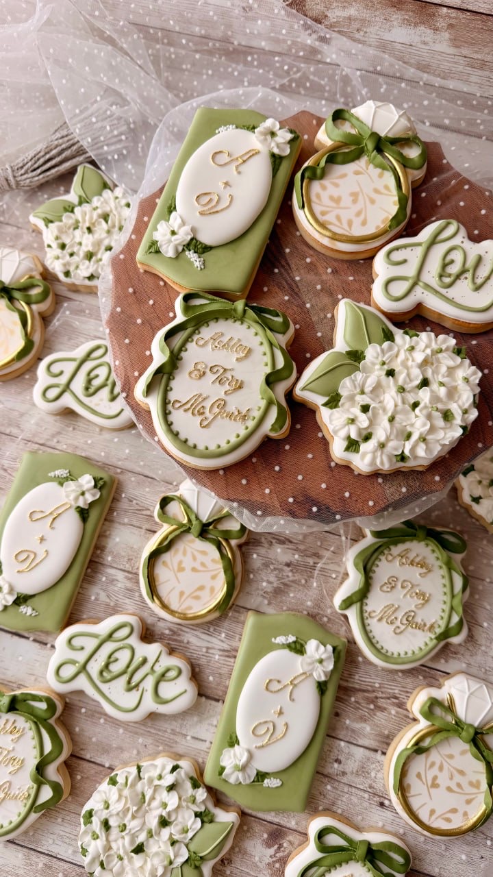 Green, ivory and gold wedding cookie collection