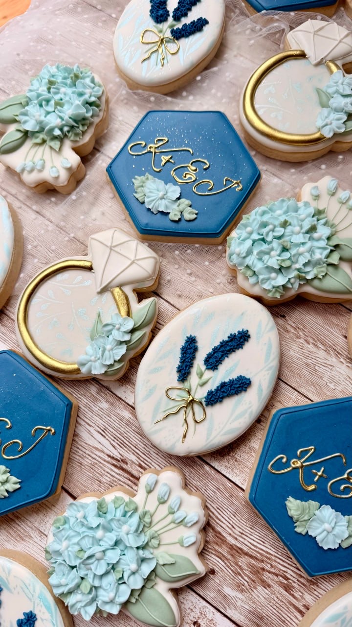 Navy blue and pale aqua floral wedding cookies
