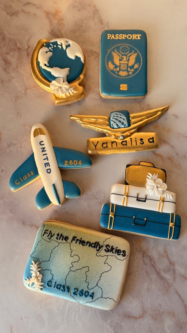 Travel and graduation themed custom cookies