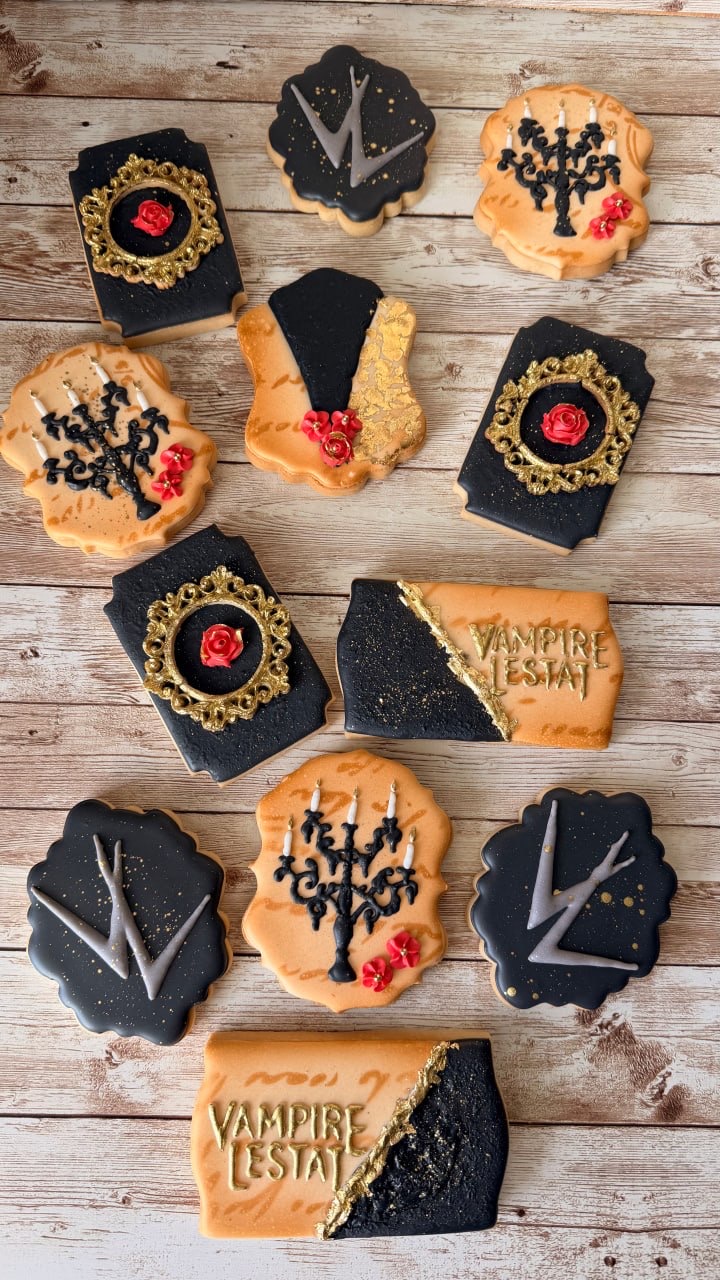 Black, copper and gold vampire themed cookies